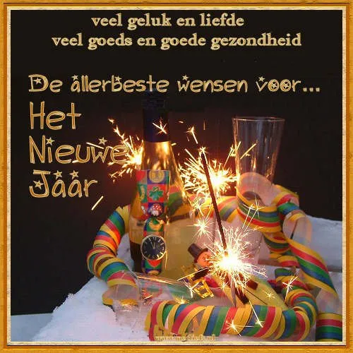 Decoratieve afbeelding met nieuwjaarswensen en feestelijke elementen zoals confetti en vuurwerk.