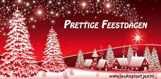 Sneeuwlandschap met huizen, dennenbomen en de tekst "Prettige Feestdagen".