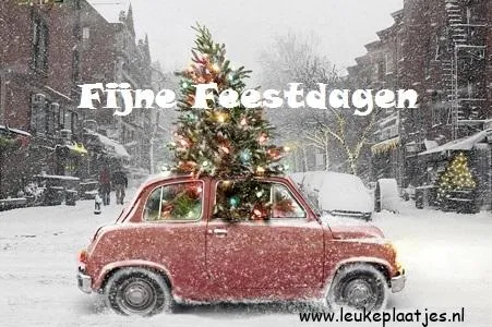 Een roze auto met een kerstboom in de sneeuw. Tekst "Fijne Feestdagen".