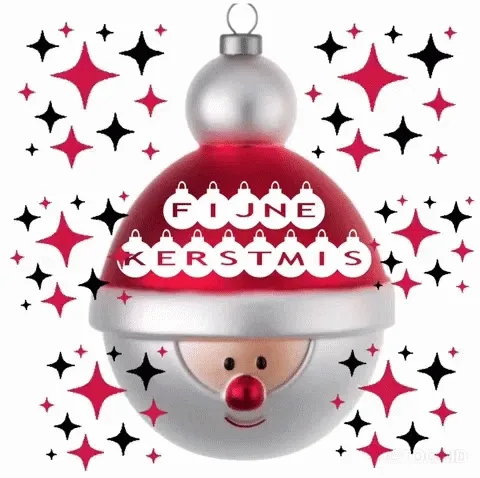 Kerstbal met een lachend gezicht en tekst "Fijne Kerstmis" in een feestelijke achtergrond.