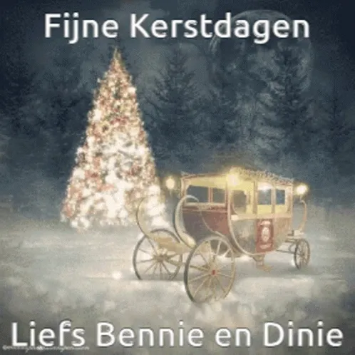Sneeuwlandschap met kerstboom en koets, met de tekst "Fijne Kerstdagen".