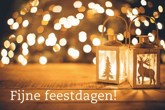 Lantaarns met feestelijke verlichting en de tekst "Fijne feestdagen!"