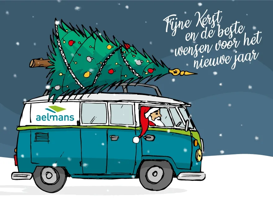 Een retro busje met een kerstboom en de boodschap voor het nieuwe jaar.