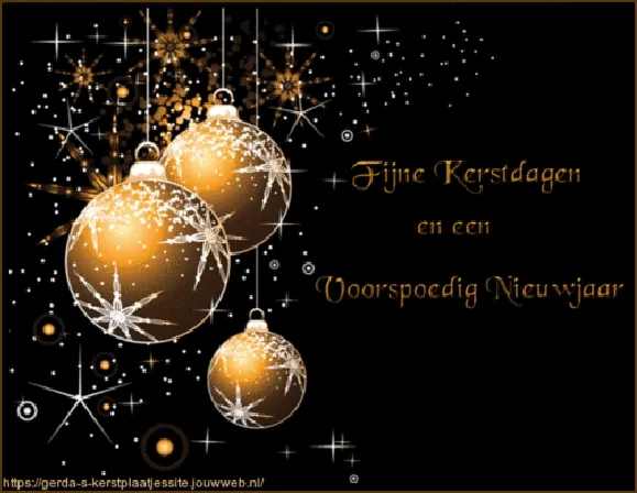 Gouden kerstballen met sterren en de tekst: Fijne Kerst en een Voorspoedig Nieuwjaar.