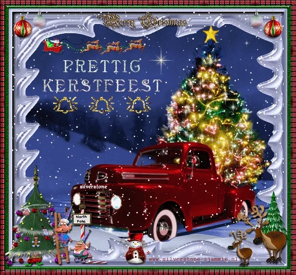 Rode truck met kerstboom in een sneeuwlandschap, tekst "Prettig Kerstfeest".