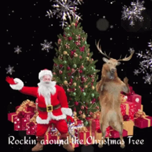 Kerstman danst naast een kerstboom vol cadeaus en sneeuwvlokken.