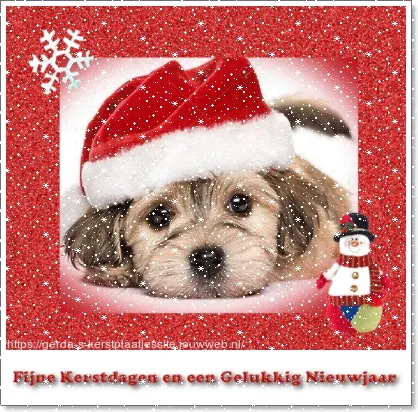 Een puppy met een kerstman-muts op een achtergrond van sneeuwvlokken.