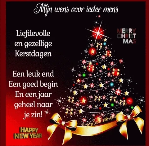 Tekst met een kerstboom en wensen voor liefdevolle feestdagen en een gelukkig nieuwjaar.