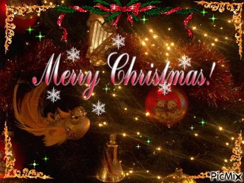 Kerstversiering met de tekst 'Merry Christmas!' en sneeuwvlokken.