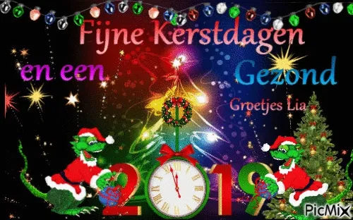 Kerstkaart met draken in kerstoutfits en versieringen, met het jaar 2019.