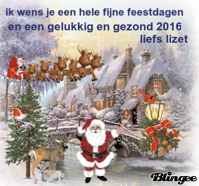 Een sfeervolle winterlandschap met kerstfiguren en een wens voor fijne feestdagen.