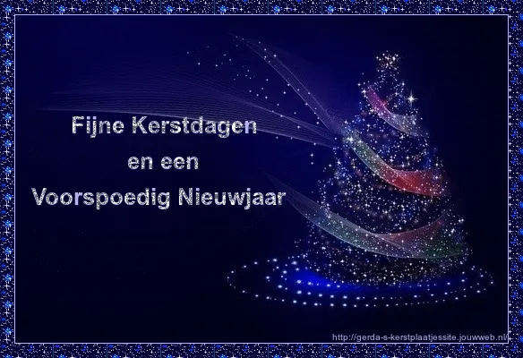 Kerstboom met lichten en de tekst: "Fijne Kerstdagen en een Voorspoedig Nieuwjaar."