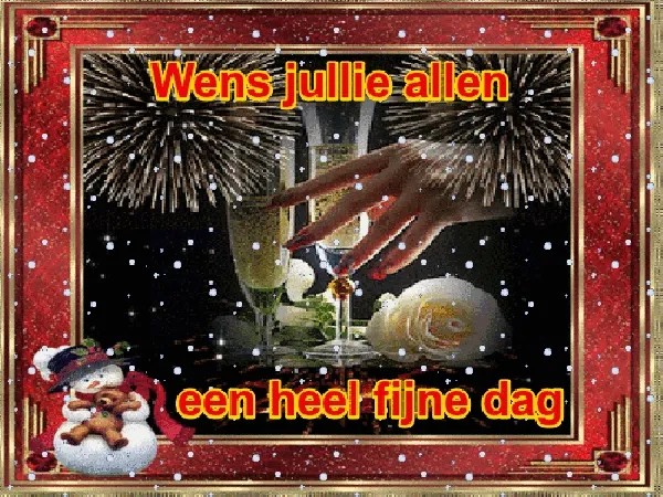 Felicitatiekaart met champagneglazen, vuurwerk en een winterse achtergrond.
