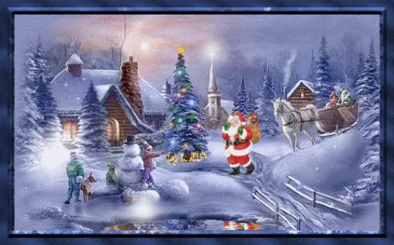 Sneeuwlandschap met kerstboom, sneeuwpop en een rendier met de kerstman in de lucht.