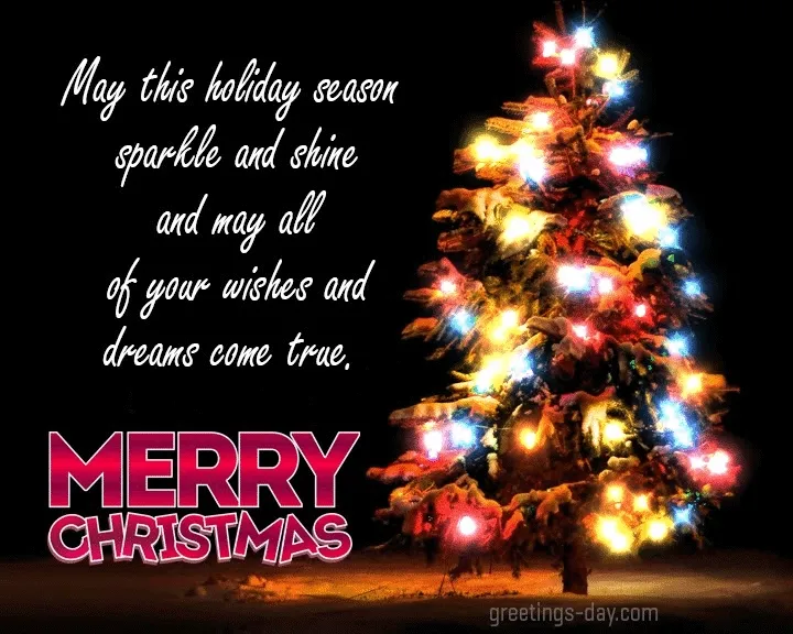 Kerstboom versierd met lichtjes en de tekst "Vrolijk Kerstfeest".