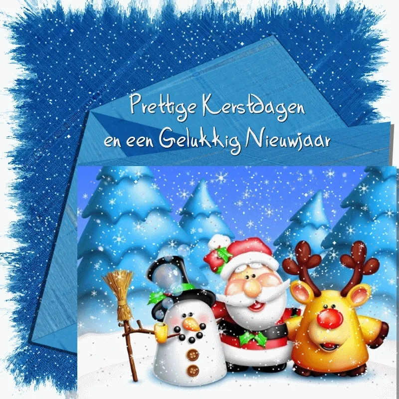 Kerstgroet met sneeuw, een sneeuwman, kerstman en rendier.