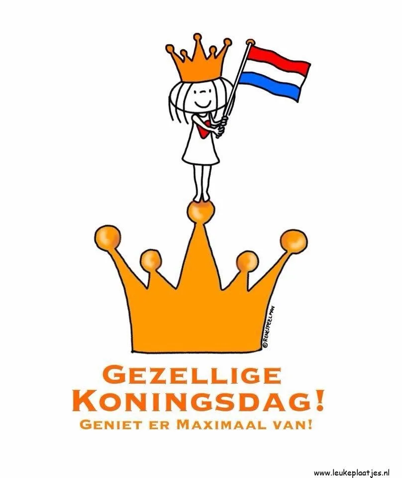 ᐅ fijne koningsdag - Koningsdag plaatjes Een tekening van een meisje met een kroon en vlag, met tekst "Gezellige Koningsdag!"