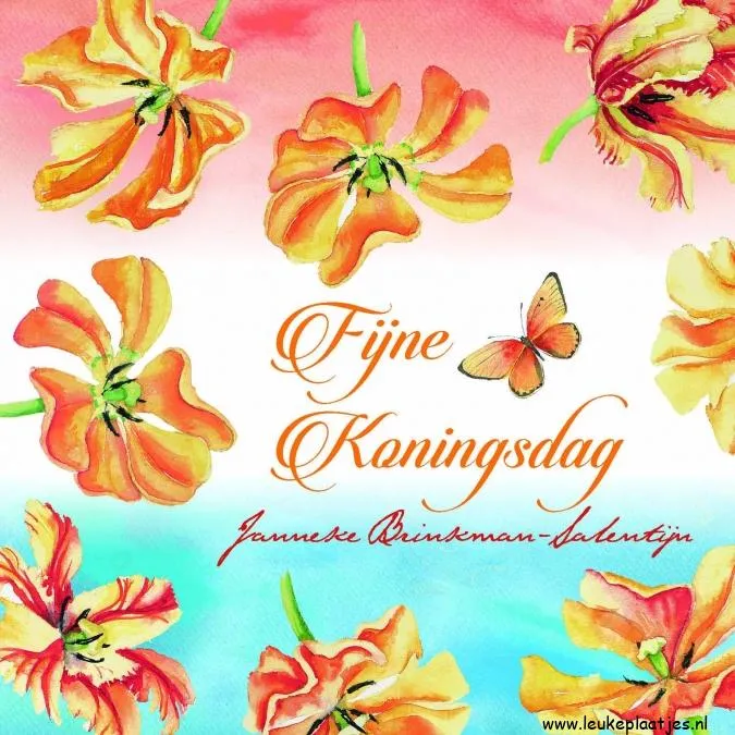 ᐅ fijne koningsdag - Koningsdag plaatjes Aquarelillustratie van tulpen en een vlinder met de tekst 'Fijne Koningsdag'.