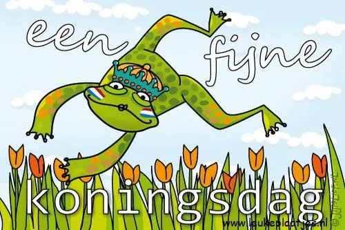 ᐅ fijne koningsdag - Koningsdag plaatjes Egel met kroon springt vrolijk tussen tulpen, met tekst "een fijne koningsdag".