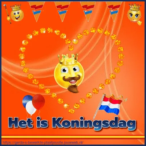 ᐅ fijne koningsdag - Koningsdag plaatjes Felicitatie voor Koningsdag met vrolijke emoji's en vlaggen op een oranje achtergrond.