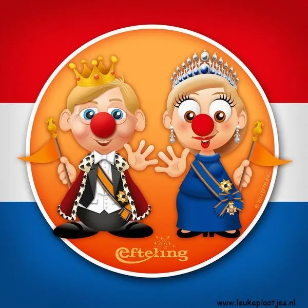 ᐅ fijne koningsdag - Koningsdag plaatjes Twee cartoonachtige koningen in feestelijke kleding met clownneuzen en vlaggen.