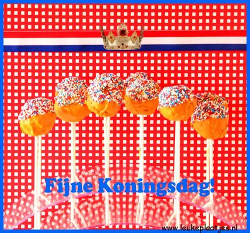 ᐅ fijne koningsdag grappig - Koningsdag plaatjes Zes oranje cakepopjes met sprinkles op een rode achtergrond voor Koningsdag.