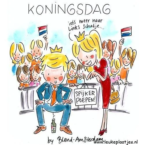 ᐅ fijne koningsdag humor - Koningsdag plaatjes Een jongen in een kroon zit met een drankfles, omringd door feestende mensen.