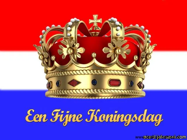 ᐅ fijne koningsdag humor - Koningsdag plaatjes Gouden kroon met rode en blauwe achtergrond, tekst 'Een Fijne Koningsdag'.