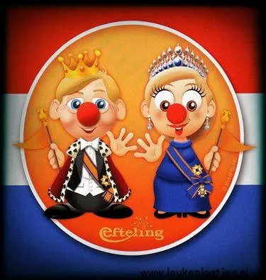 ᐅ fijne koningsdag humor - Koningsdag plaatjes Twee vrolijke cartoonfiguren met kroon en tiara, in Cefteling-thema.