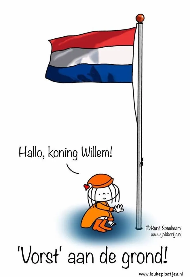 ᐅ fijne koningsdag humor - Koningsdag plaatjes Een cartoon van een kind dat voor de vlag van Nederland knielt en tegen de koning spreekt.