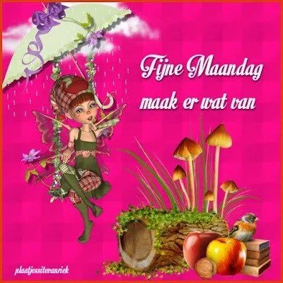 ᐅ fijne maandag nieuwe week - Fijne week plaatjes Illustratie van een elfje onder een parasol met bloemen en een boodschap voor maandag.