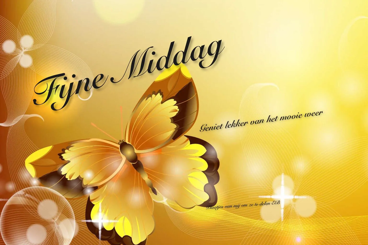 Kleurige vlinder op een gouden achtergrond met de tekst 'Fijne Middag'.