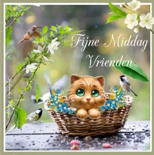 Een schattige kat in een mand, omringd door bloemen en vogels. Groene achtergrond.