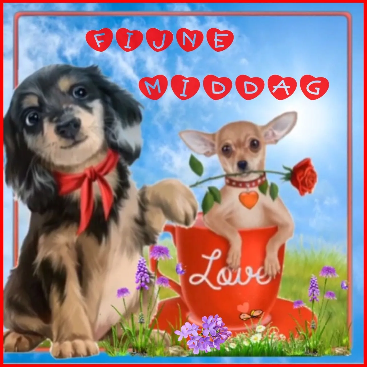 Twee honden poseren met een rode bloempot en een roos. Tekst: "Fijne Middag".