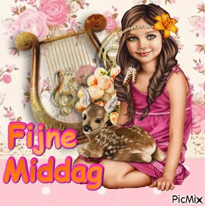 Een meisje in een roze jurk met een hertje en een muzikale achtergrond.