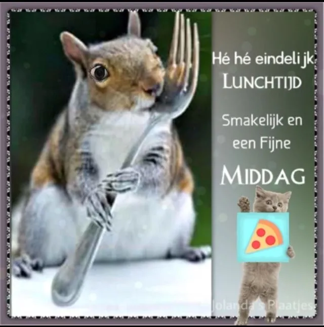 Eekhoorn met vork en achtergrondtekst over lunchtijd. Vrolijke sfeer.