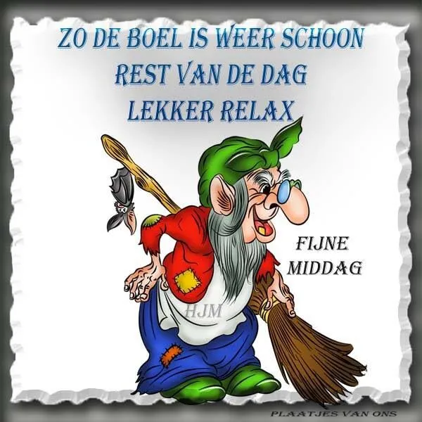 Een vrolijke kabouter met een bezem en een boodschap over ontspanning.