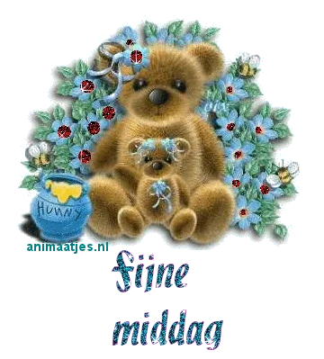 ᐅ fijne middag gif - Goedemiddag plaatjes Twee schattige teddyberen met bloemen en een pot honing, met de tekst 'Fijne middag'.