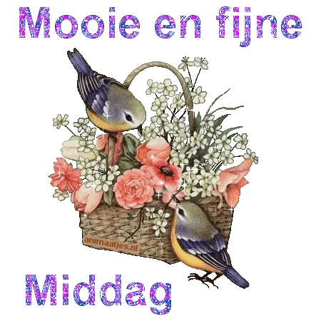 ᐅ fijne middag gif - Goedemiddag plaatjes Twee vogeltjes naast een mand met bloemen en de tekst "Mooie en fijne Middag".