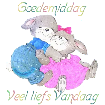 ᐅ fijne middag gif - Goedemiddag plaatjes Twee schattige konijntjes knuffelen elkaar met een vrolijke achtergrond.