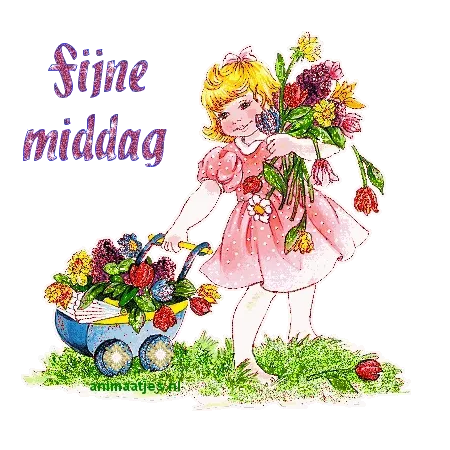 ᐅ fijne middag gif - Goedemiddag plaatjes Een meisje in een roze jurk met bloemen en een wagentje vol bloemen.