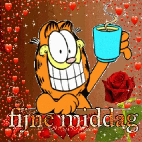 ᐅ fijne middag gif - Goedemiddag plaatjes Een cartoon van Garfield met een mok koffie en "fijne middag" in kleurrijke hartjes.