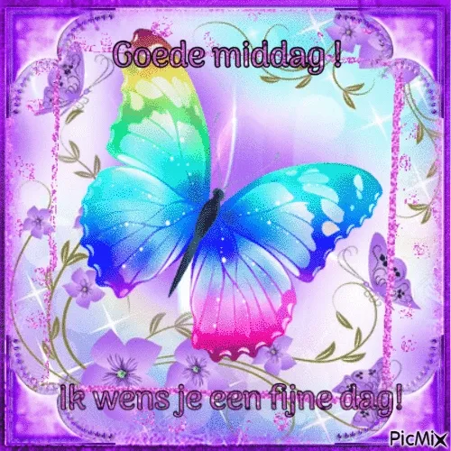 ᐅ fijne middag gif - Goedemiddag plaatjes Kleurige vlinder op een achtergrond met bloemen en een positieve boodschap.