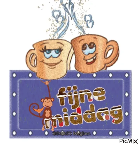 ᐅ fijne middag gif - Goedemiddag plaatjes Twee vrolijke kopjes koffie met damp bovenop en een aapje eronder. Fijne middag!
