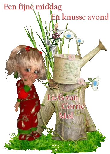 ᐅ fijne middag groetjes - Goedemiddag plaatjes Een meisje in een rode jurk bij een gietertje met planten. Tekst eromheen.