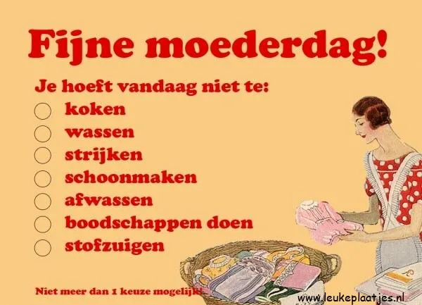 Kaart met tekst "Fijne moederdag!" en taken die niet gedaan hoeven te worden.