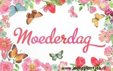 Kleurrijke bloemen en vlinders met de tekst "Moederdag" in het midden.