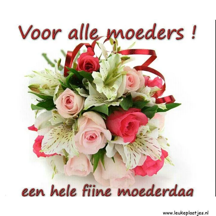 Een boeket met rozen en lelies, met de tekst "Voor alle moeders!" in rode letters.