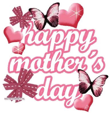 Tekst met "Happy Mother's Day", versierd met vlinders en harten.