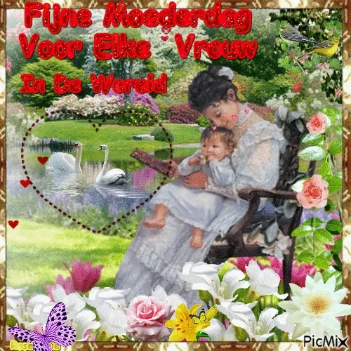 Vrouw met kind in een bloeiende tuin, tekst "Fijne Moederdag Voor Elke Vrouw In De Wereld".